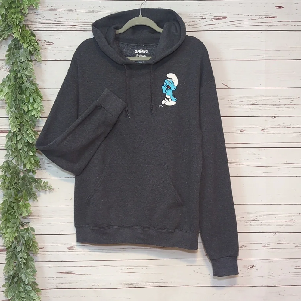 The Smurfs Peyo Lazy Sleepy Smurf Mushroom Hooded Sweatshirt Hoodie‎ Medium Grey